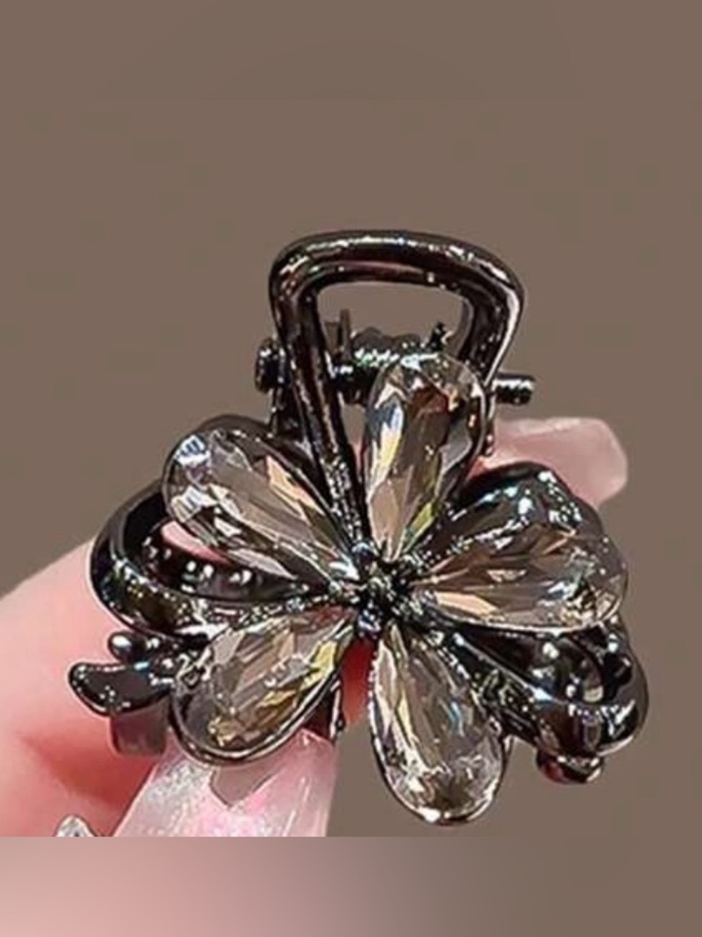 Smoky Crystal Flower Hair Claw Clip - Black Metal